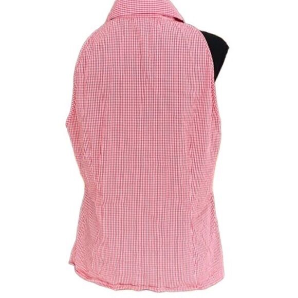 𝅺Spense sleeveless stitched small pleated button front coral/white checked top - Picture 2 of 6